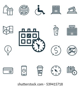 Set Of 16 Travel Icons. Includes Takeaway Coffee, Road Map, Call Duration And Other Symbols. Beautiful Design Elements.