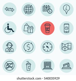 Set Of 16 Travel Icons. Includes Credit Card, Takeaway Coffee, Crossroad And Other Symbols. Beautiful Design Elements.