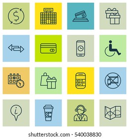 Set Of 16 Travel Icons. Includes Takeaway Coffee, Crossroad, Present And Other Symbols. Beautiful Design Elements.
