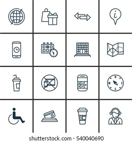 Set Of 16 Travel Icons. Includes Accessibility, Crossroad, Credit Card And Other Symbols. Beautiful Design Elements.