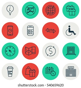 Set Of 16 Travel Icons. Includes Airfield Manufacture, Accessibility, Shopping And Other Symbols. Beautiful Design Elements.