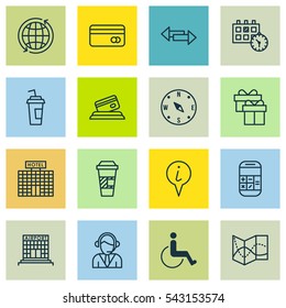Set Of 16 Travel Icons. Includes Road Map, Calculation, Airfield Manufacture And Other Symbols. Beautiful Design Elements.
