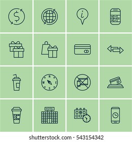 Set Of 16 Travel Icons. Includes Info Pointer, Call Duration, Forbidden Mobile And Other Symbols. Beautiful Design Elements.