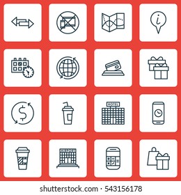 Set Of 16 Travel Icons. Includes World, Call Duration, Credit Card And Other Symbols. Beautiful Design Elements.