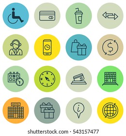 Set Of 16 Travel Icons. Includes Info Pointer, Appointment, Present And Other Symbols. Beautiful Design Elements.