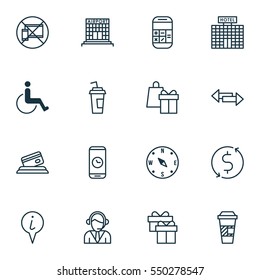 Set Of 16 Travel Icons. Includes Money Trasnfer, Crossroad, Airfield Manufacture And Other Symbols. Beautiful Design Elements.