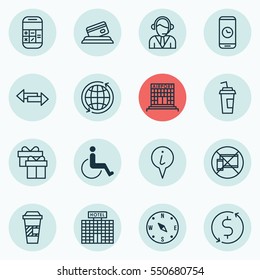 Set Of 16 Travel Icons. Includes Crossroad, Resort Development, Drink Cup And Other Symbols. Beautiful Design Elements.