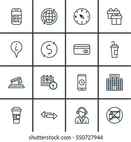 Set Of 16 Travel Icons. Includes Calculation, Takeaway Coffee, Forbidden Mobile And Other Symbols. Beautiful Design Elements.