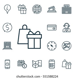 Set Of 16 Travel Icons. Includes Money Trasnfer, Credit Card, Info Pointer And Other Symbols. Beautiful Design Elements.