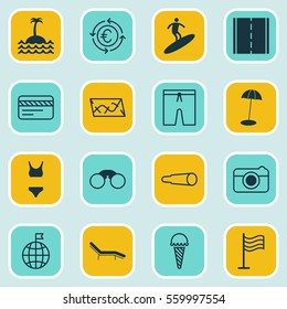 Set Of 16 Travel Icons. Includes Currency Recycle, Photo Camera, Frozen Food And Other Symbols. Beautiful Design Elements.