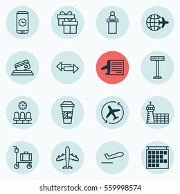 Set Of 16 Travel Icons. Includes Airliner Takeoff, Takeaway Coffee, Airport Building And Other Symbols. Beautiful Design Elements.