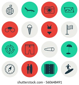 Set Of 16 Travel Icons. Includes Magnifying Glasses, Swimming Clothes, Bathing Costume And Other Symbols. Beautiful Design Elements.