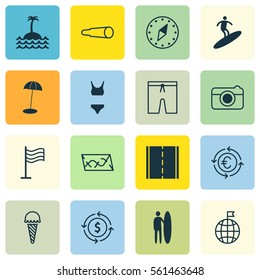 Set Of 16 Travel Icons. Includes Coast Parasol, Pin, Bathing Costume And Other Symbols. Beautiful Design Elements.