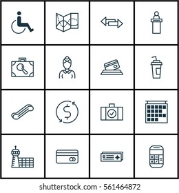 Set Of 16 Travel Icons. Includes Hostess, Baggage Research, Credit Card And Other Symbols. Beautiful Design Elements.