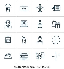 Set Of 16 Travel Icons. Includes Operator, Luggage Scanner, Shopping And Other Symbols. Beautiful Design Elements.