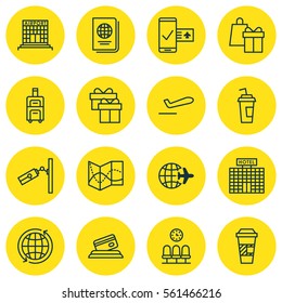 Set Of 16 Travel Icons. Includes Airliner Takeoff, Road Map, Shopping And Other Symbols. Beautiful Design Elements.