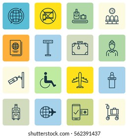 Set Of 16 Travel Icons. Includes Worldwide Flight, Briefcase Scanner, Identification Document And Other Symbols. Beautiful Design Elements.