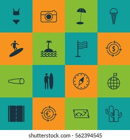 Set Of 16 Travel Icons. Includes Magnifying Glasses, Cardinal Direction, Travel Direction And Other Symbols. Beautiful Design Elements.