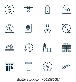 Set Of 16 Travel Icons. Includes Airplane Information, Credit Card, Locate And Other Symbols. Beautiful Design Elements.