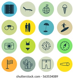 Set Of 16 Travel Icons. Includes Surf-Board, Magnifying Glasses, Street And Other Symbols. Beautiful Design Elements.