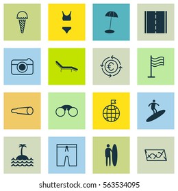 Set Of 16 Travel Icons. Includes Currency Recycle, Magnifying Glasses, Bathing Costume And Other Symbols. Beautiful Design Elements.