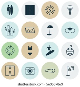Set Of 16 Travel Icons. Includes Coast Parasol, Bathing Costume, Travel Direction And Other Symbols. Beautiful Design Elements.