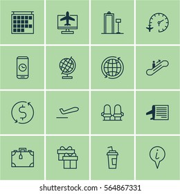 Set Of 16 Travel Icons. Includes Money Trasnfer, Call Duration, World And Other Symbols. Beautiful Design Elements.