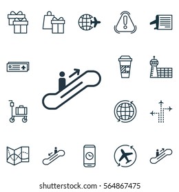 Set Of 16 Travel Icons. Includes Siren, Airport Building, Present And Other Symbols. Beautiful Design Elements.
