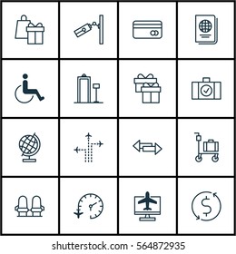 Set Of 16 Travel Icons. Includes World Sphere, Flight Path, Crossroad And Other Symbols. Beautiful Design Elements.