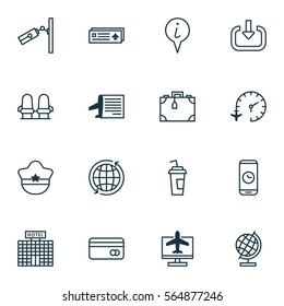 Set Of 16 Travel Icons. Includes Internet Ticket, Airport Card, Resort Development And Other Symbols. Beautiful Design Elements.