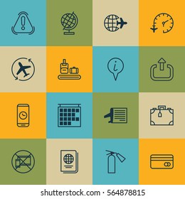 Set Of 16 Travel Icons. Includes Departure Information, Timetable, Worldwide Flight And Other Symbols. Beautiful Design Elements.