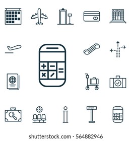 Set Of 16 Travel Icons. Includes Plastic Card, Stair Lift, Airliner Takeoff And Other Symbols. Beautiful Design Elements.