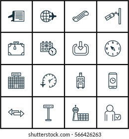 Set Of 16 Travel Icons. Includes Suitcase, Luggage, Travel Clock And Other Symbols. Beautiful Design Elements.
