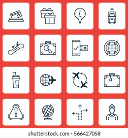 Set Of 16 Travel Icons. Includes Suitcase, Worldwide Flight, Luggage And Other Symbols. Beautiful Design Elements.