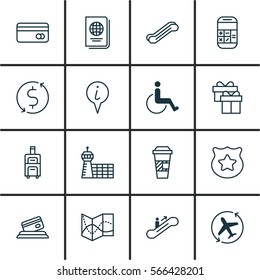 Set Of 16 Travel Icons. Includes Airport Building, Credit Card, Takeaway Coffee And Other Symbols. Beautiful Design Elements.