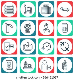 Set Of 16 Travel Icons. Includes Calculation, Resort Development, Identification Document And Other Symbols. Beautiful Design Elements.