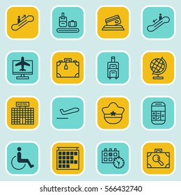 Set Of 16 Travel Icons. Includes Resort Development, Baggage Research, Escalator Down And Other Symbols. Beautiful Design Elements.