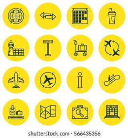 Set Of 16 Travel Icons. Includes Departure Information, Moving Staircase, World And Other Symbols. Beautiful Design Elements.