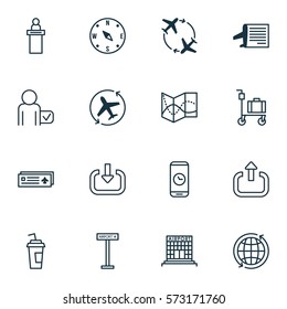Set Of 16 Travel Icons. Includes Fly Around, Aircraft Arrow, Airfield Manufacture And Other Symbols. Beautiful Design Elements.