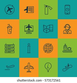 Set Of 16 Travel Icons. Includes Information, Timetable, Call Duration And Other Symbols. Beautiful Design Elements.