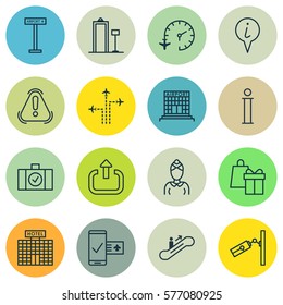 Set Of 16 Travel Icons. Includes Siren, Moving Staircase, Hostess And Other Symbols. Beautiful Design Elements.