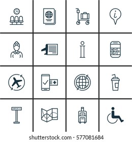 Set Of 16 Travel Icons. Includes Identification Document, World, Accessibility And Other Symbols. Beautiful Design Elements.