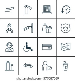 Set Of 16 Travel Icons. Includes Security Scanner, Hostess, Cop Symbol And Other Symbols. Beautiful Design Elements.