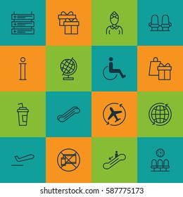 Set Of 16 Travel Icons. Includes Stair Lift, Hostess, World Sphere And Other Symbols. Beautiful Design Elements.