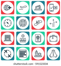 Set Of 16 Travel Icons. Includes Suitcase, Worldwide Flight, Airfield Manufacture And Other Symbols. Beautiful Design Elements.