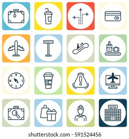 Set Of 16 Travel Icons. Includes Resort Development, Flight Path, Siren And Other Symbols. Beautiful Design Elements.