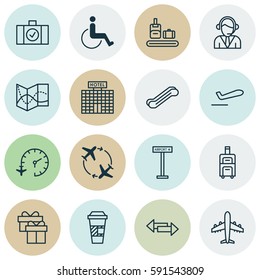 Set Of 16 Travel Icons. Includes Airplane Information, Fly Around, Operator And Other Symbols. Beautiful Design Elements.