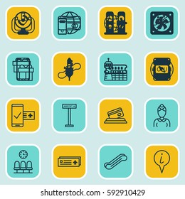 Set Of 16 Travel Icons. Includes Airport Building, Plastic Card, Escalator Down And Other Symbols. Beautiful Design Elements.