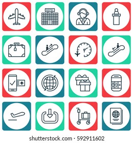 Set Of 16 Travel Icons. Includes Escalator Down, Travel Clock, Moving Staircase And Other Symbols. Beautiful Design Elements.