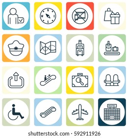 Set Of 16 Travel Icons. Includes Pilot Hat, Locate, Briefcase Scanner And Other Symbols. Beautiful Design Elements.